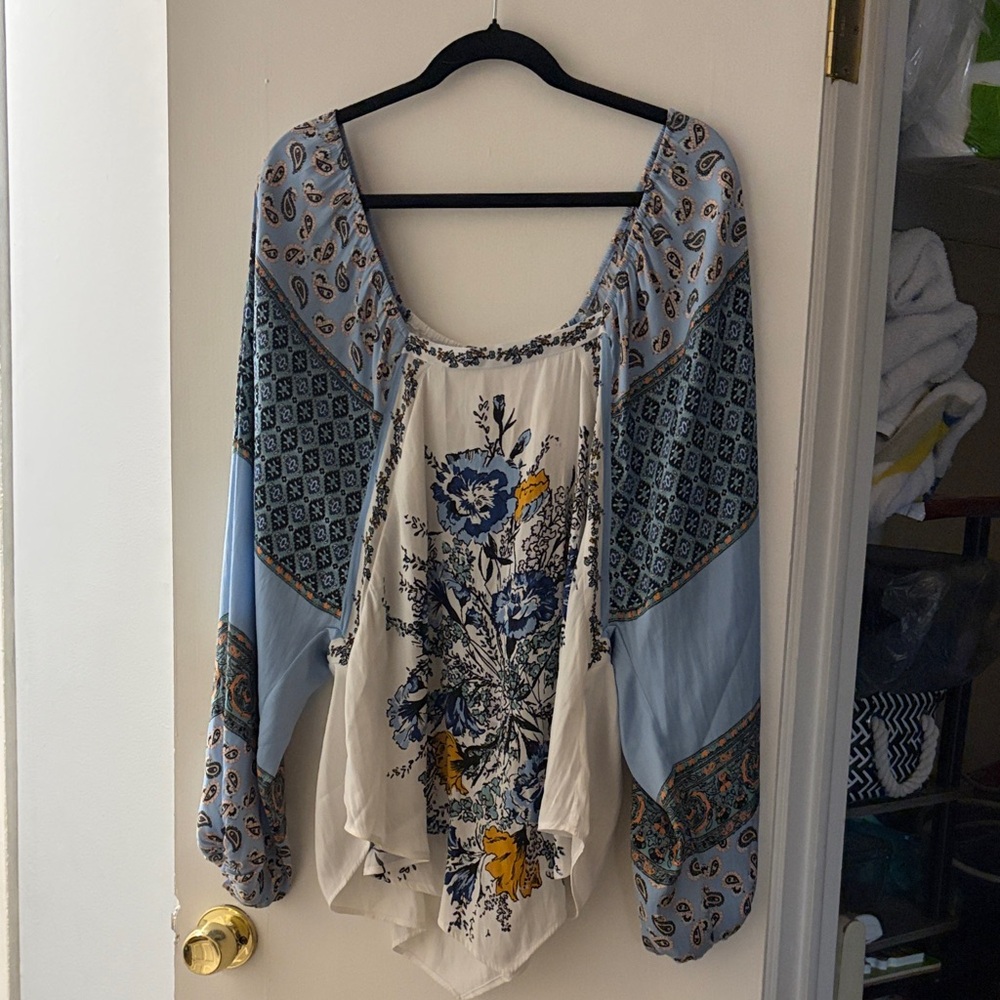 Free People Floral Bohemian Blouse - Blue and Cream